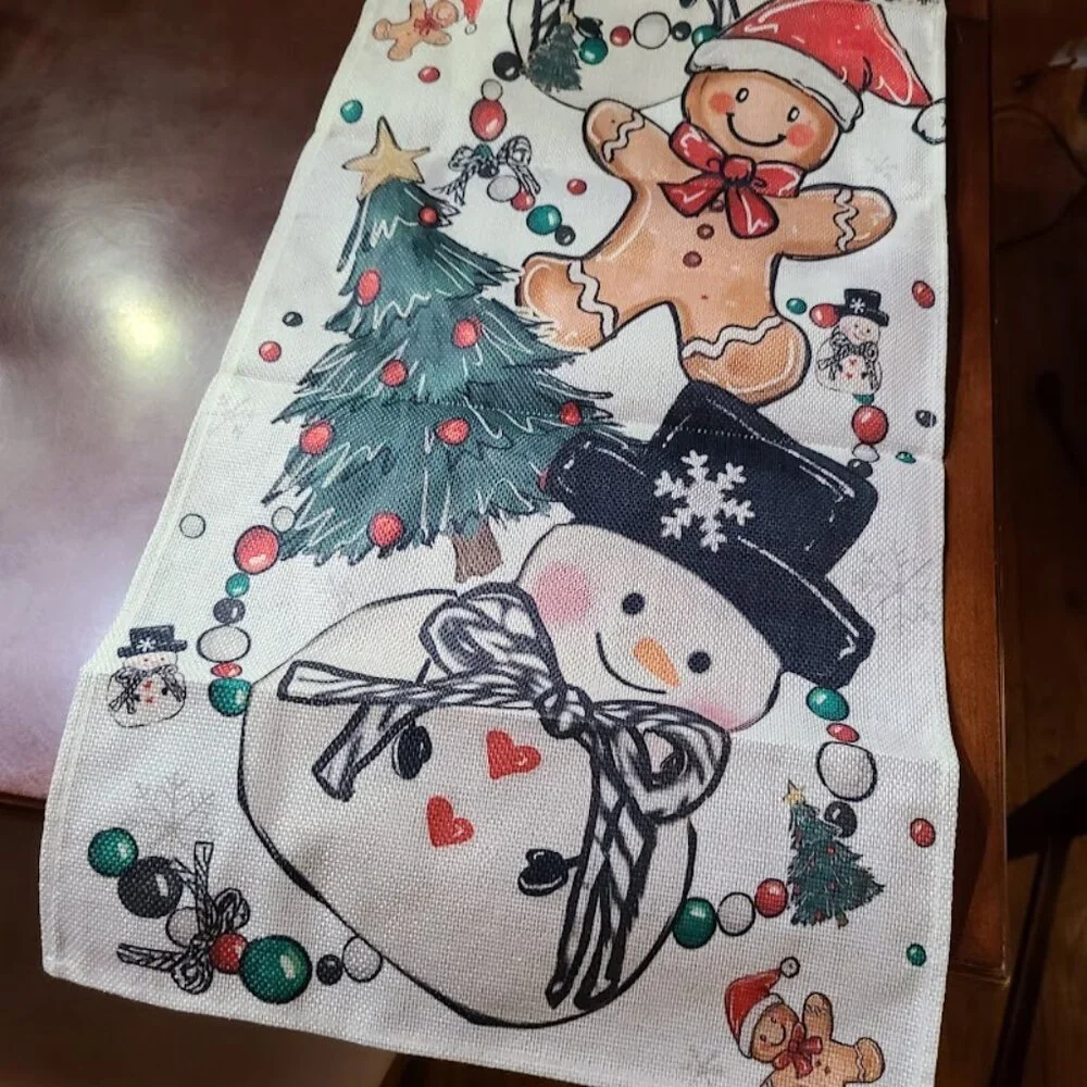 Christmas Table Runner Snowman Gingerbread Decor Holiday Decorative Cloth 13x48